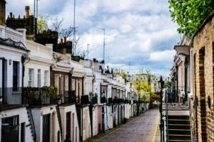 A row of terraced houses on a city street