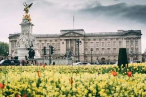 Buckingham Palace and the Victoria Memorial in London, seen across a flower bed