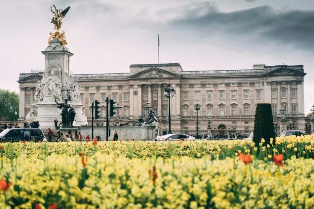 Buckingham Palace and the Victoria Memorial in London, seen across a flower bed